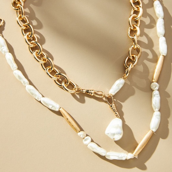 Anthropologie Pearl Drop Gold Chain Necklace - Picture 3 of 5